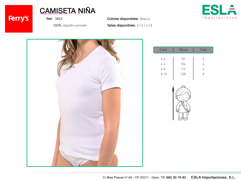 Camiseta niña blanca, Algodón peinado,  ref: 5823