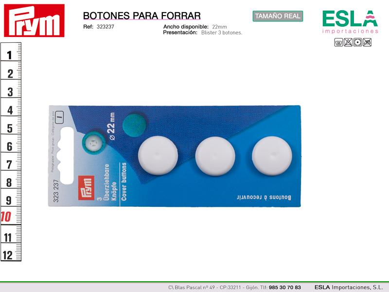 Blister con 3 botones de platico para forrar de 22mm.