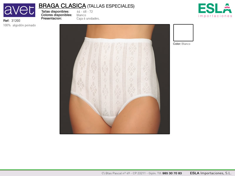 Braga clasica, con dibujo, tallas especiales, Avet, Ref 31200