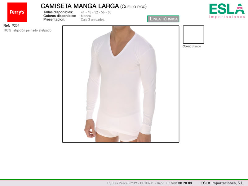 Camiseta manga larga, Cuello de pico, Ferrys, Linea térmica, Ref 9254