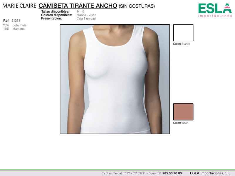 Camiseta tirante ancho, sin costuras, Marie Claire, Ref 61312