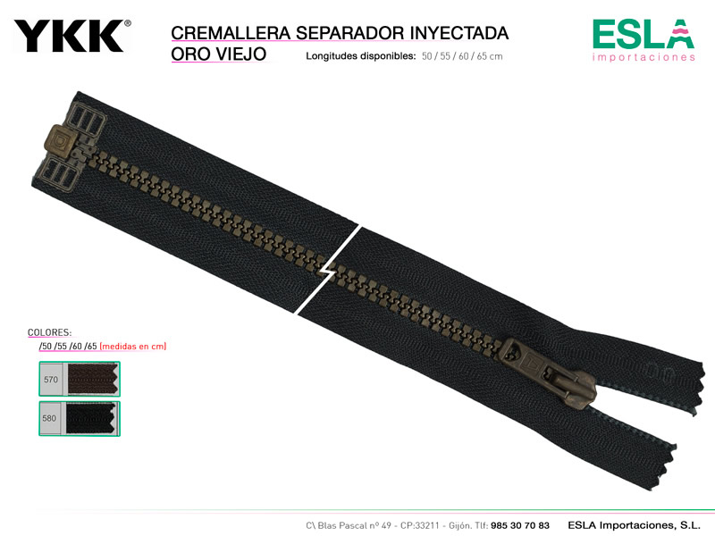 Cremallera separador inyectada, Oro viejo, YKK, Ref Inyectada-oro