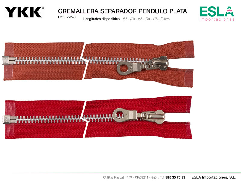 Cremallera pendulo plata, separador, YKK, Ref 99243