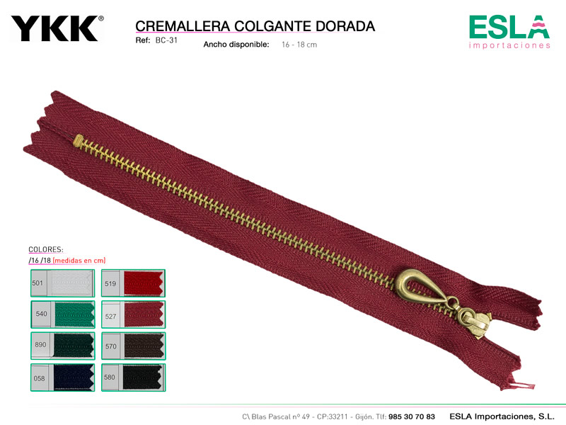 Cremallera colgante dorada, Ref Bc-31