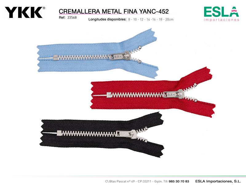 Cremallera metal fina YANC-452, YKK, Ref 22568