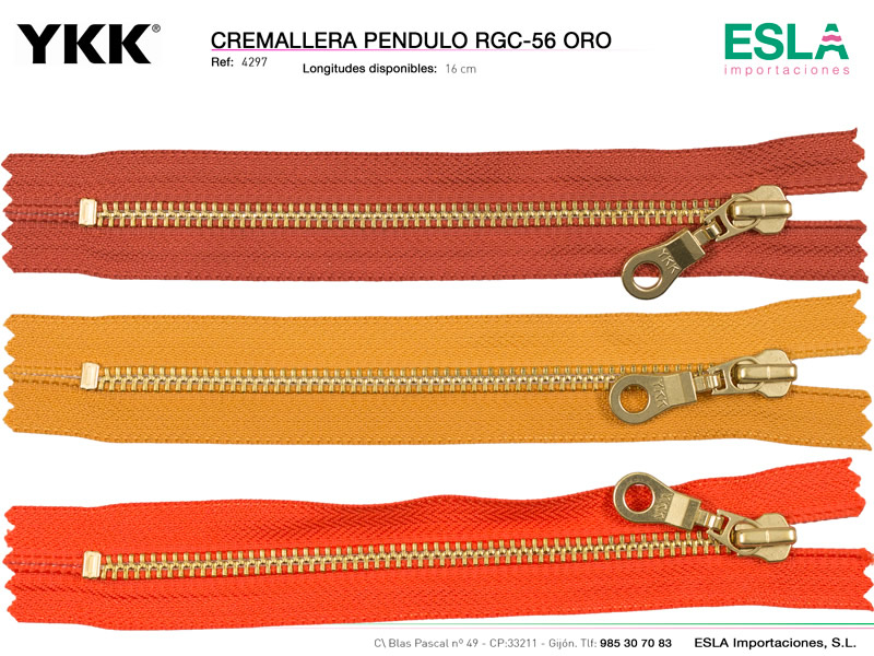 Cremallera metal oro pendulo, cerrada,  YKK, Ref 4297