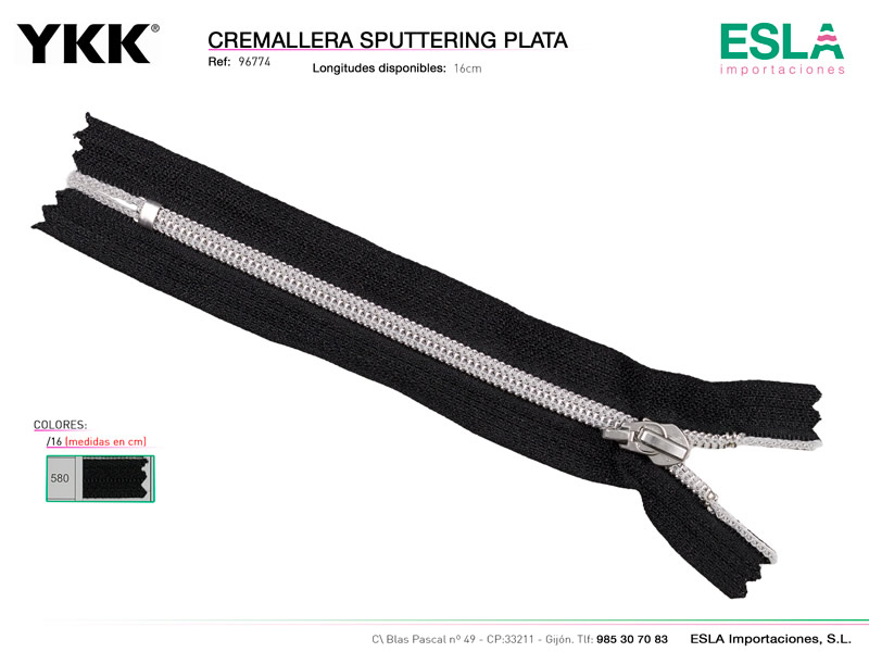 Cremallera Sputtering plata, cerrada, YKK, Ref 96774