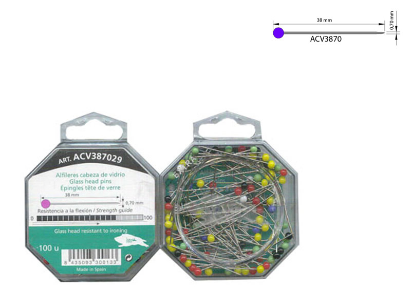 Alfiler acero, cabeza de vidrio, caja de 100 unidades, Ref ACV387029