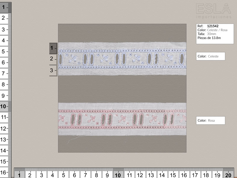 Tira bordada, Celeste y Rosa, Entredos, Ref 121542