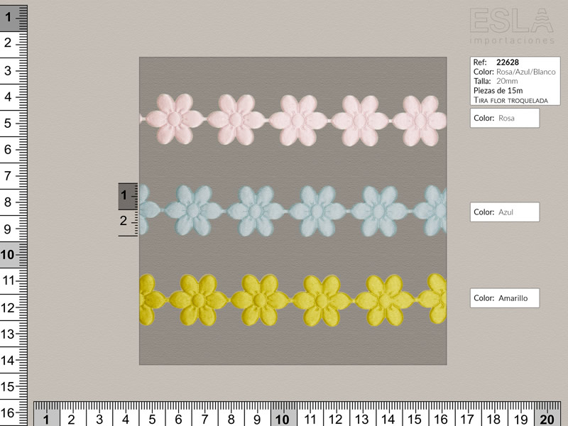 Tira flor troquelada, Azul rosa y amarillo, Ref 22628