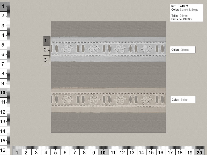 Tira bordada, Blanco y beige, Familia 23999, Ref 24009