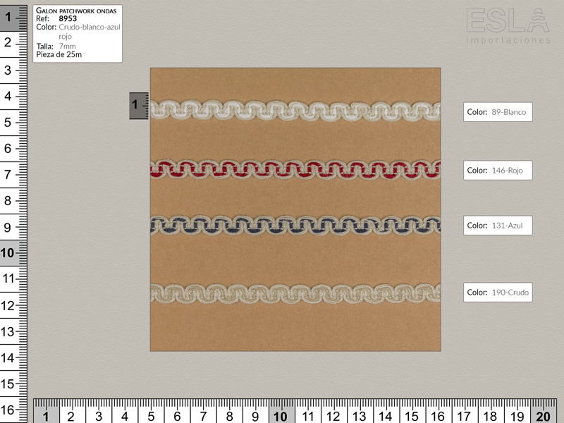 Galón patchwork ondas,blanco,rojo,azul,crudo, ref 8953
