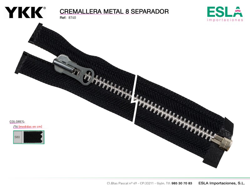 Cremallera metal 8 separador, Motorista, YKK, Ref 8740