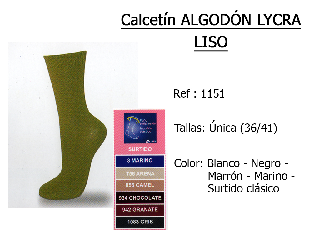 CALCETÍN algodon lycra liso 1151