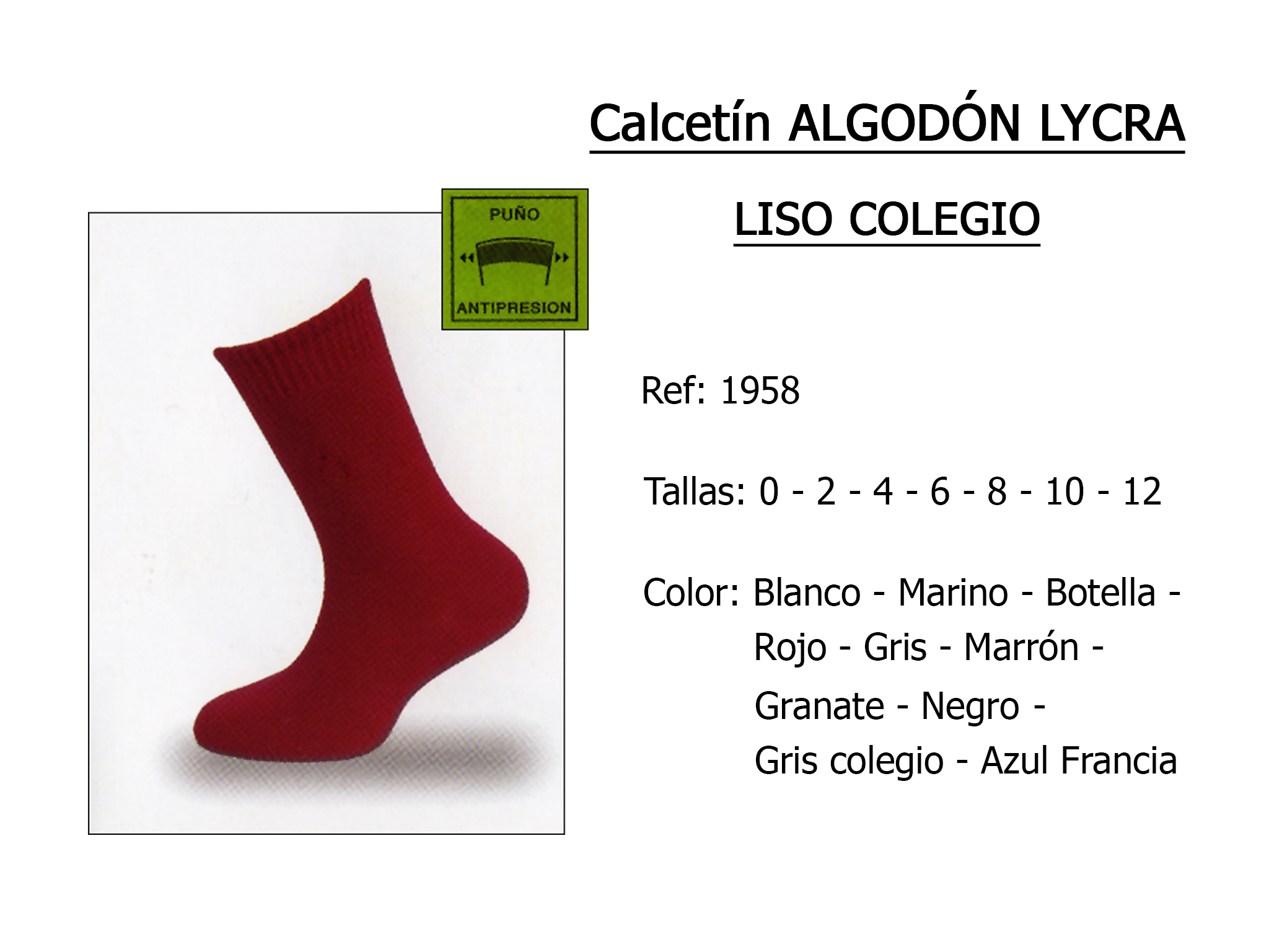 CALCETINES algodon lycra liso colegio 1958