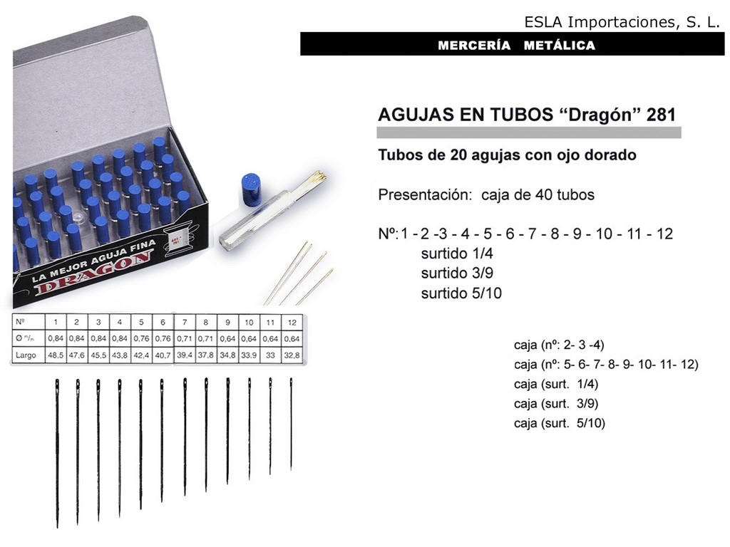 Aguja de Coser a Mano Ojo Largo Dorado 3/9. Tubo de 20 unidades