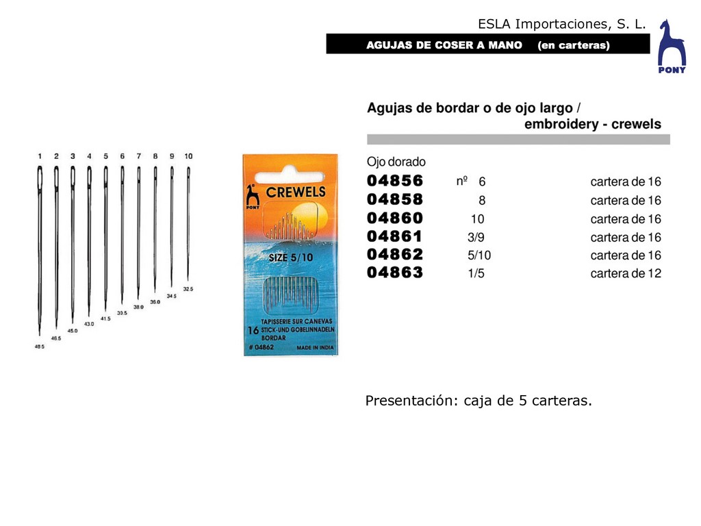 Aguja de Coser a Mano Ojo Largo Dorado 3/9. Tubo de 20 unidades