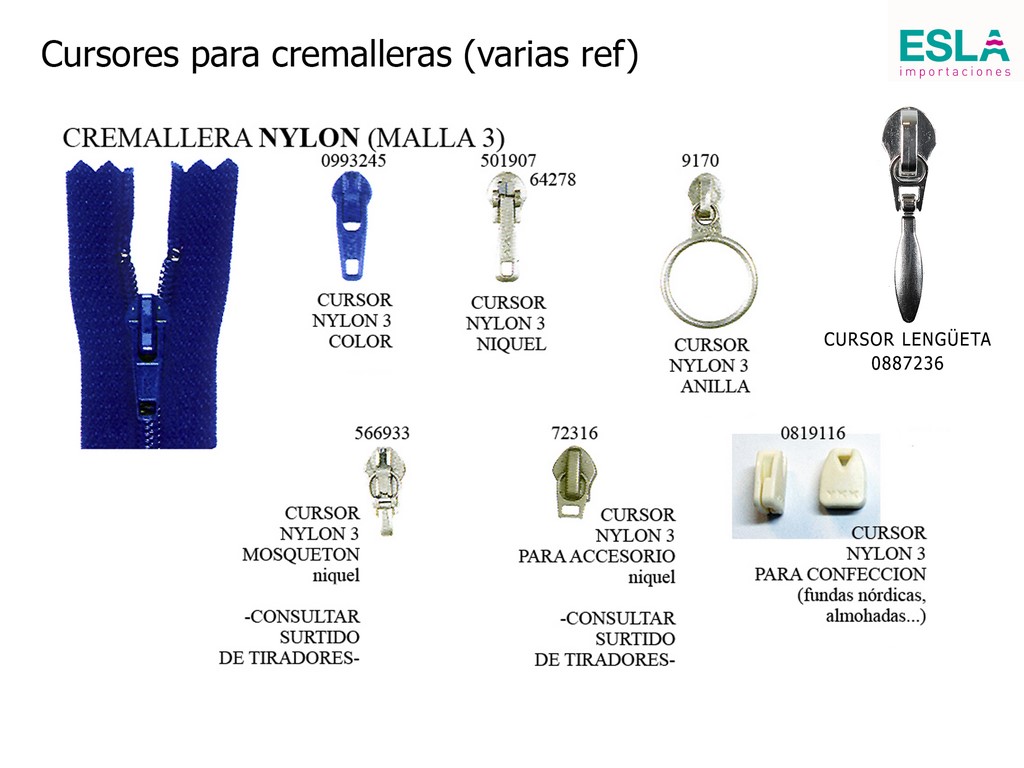 CURSORES PARA CREMALLERA NYLON MALLA 3 varias referencias