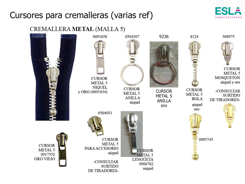 CURSORES PARA CREMALLERA METAL MALLA 5 oro