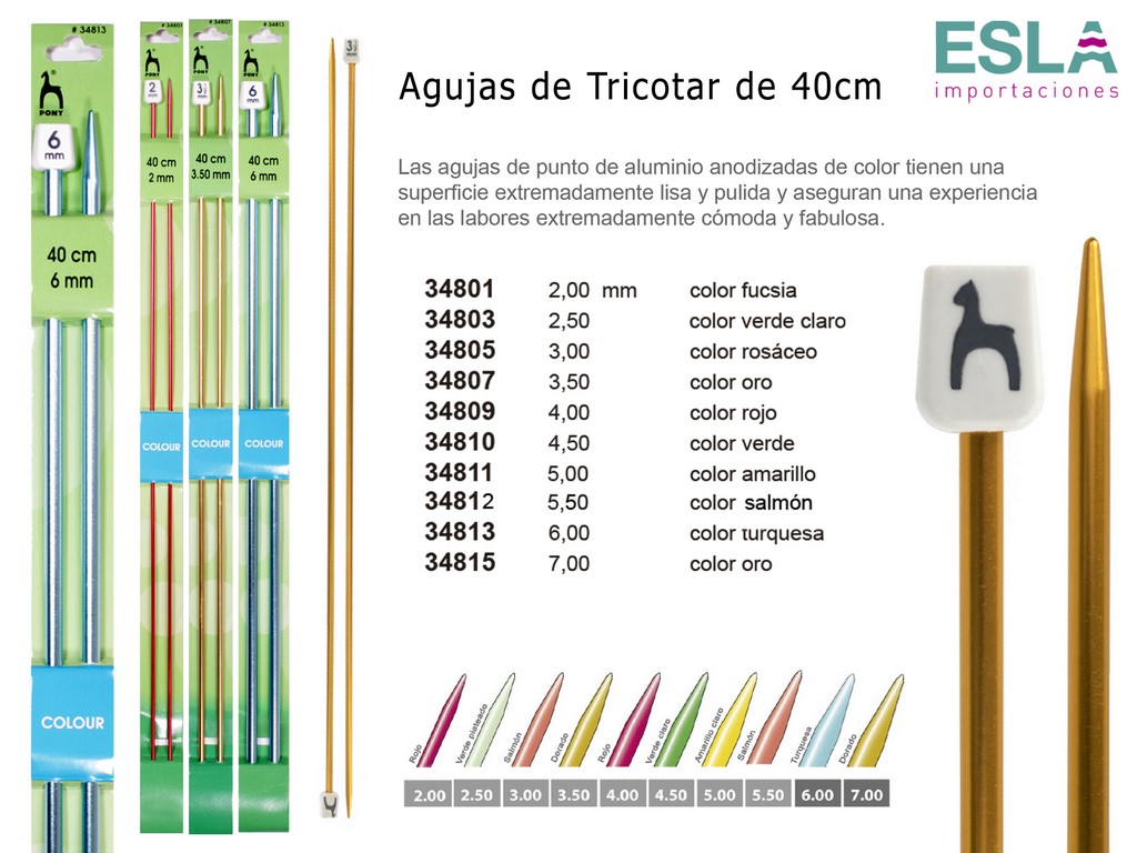 AGUJAS TEJER Y TRICOTAR 40CM DE ALUMINIO ANODIZADO COLOR 348 PONY