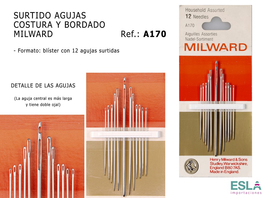 SURTIDO AGUJAS PARA COSTURA Y BORDADO - DOBLE AGUJERO - MILWARD A170